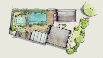 Gartenplan mit Schwimmteich und Holzdeck